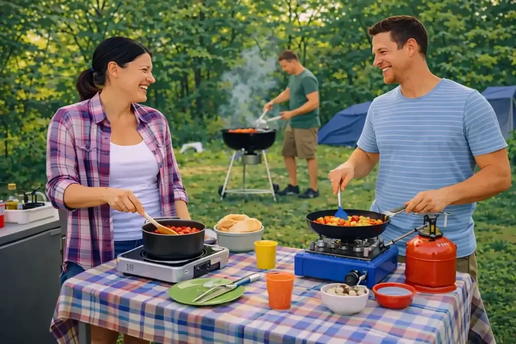 Voor het koken op de camping heb je verschillende opties: op gas, elektrisch of op de BBQ.